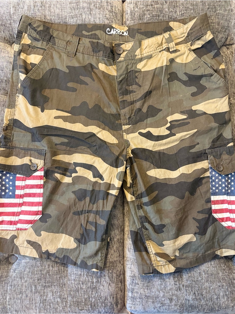 Carbon Men’s Camo Cargo Shorts with American Flag Patch